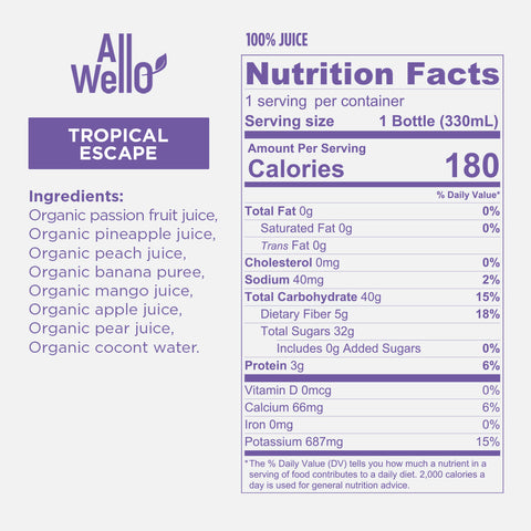 Healthy Organic Cold-Pressed Tropical Escape Juice - 6 or 12 PK