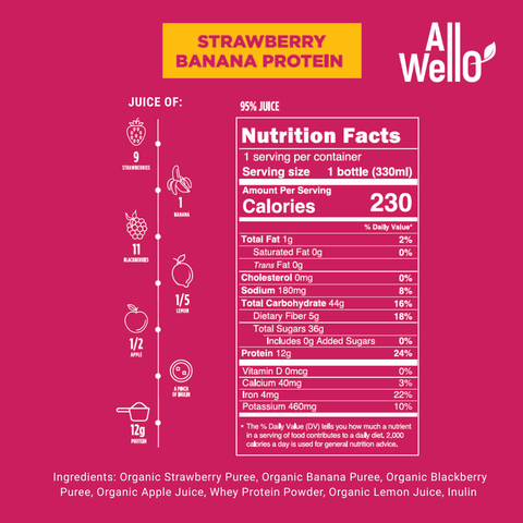 AllWellO Organic Cold-Pressed Strawberry Banana Protein Smoothie - 6 or 12 Pack