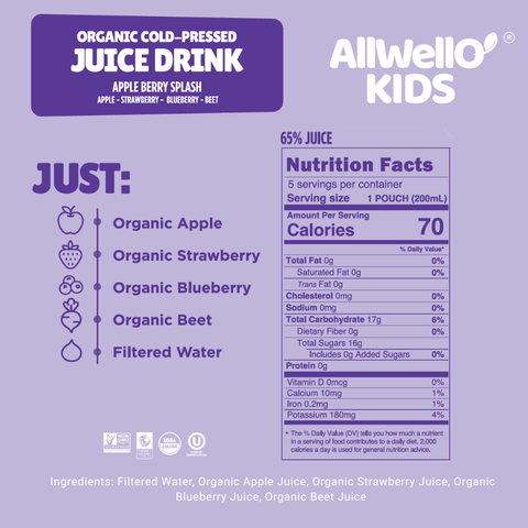 AllWellO Kids Organic Cold-Pressed Apple Berry Splash Juice - 20 PK