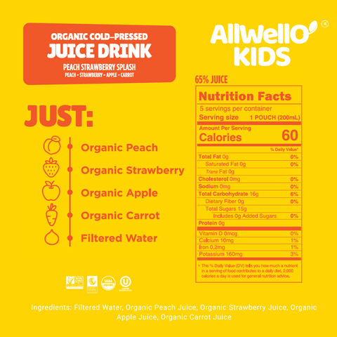AllWellO Kids Organic Cold-Pressed Peach Strawberry Splash Juice - 20 PK
